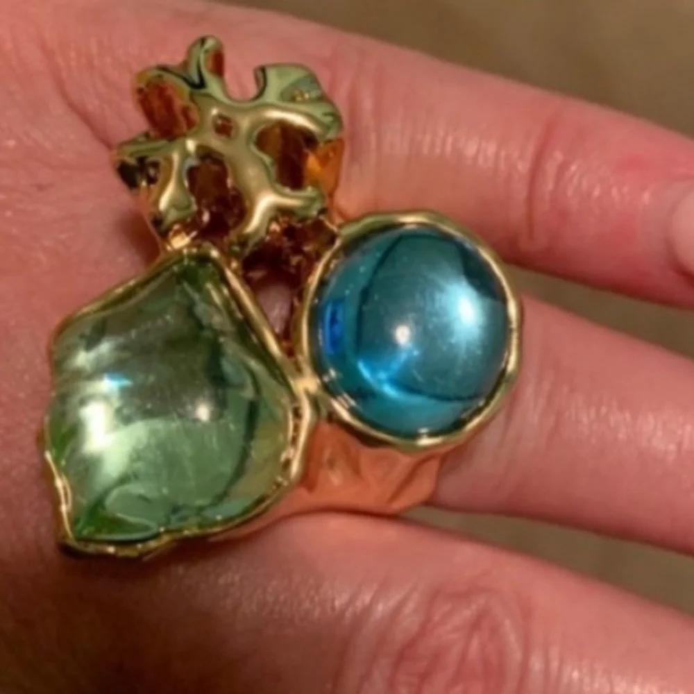 Tory Burch Roxanne clear blue and green stones Ring - Picture 2 of 6